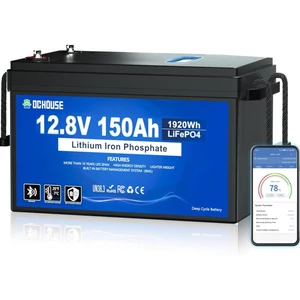 DCHOUSE 12V 150Ah LiFePO4 Bluetooth lítium akkumulátor SOC lámpával és BMS kijelzővel, alacsony hőmérséklet elleni védelemmel
