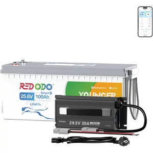 RedOdo 24V 100Ah LiFePO4 Bluetooth akkumulátor + 29.2V 20A töltővel