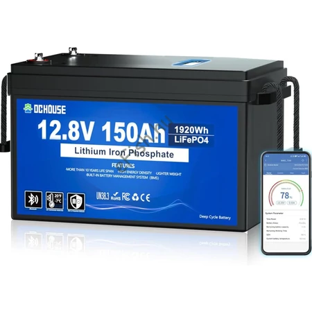 DCHOUSE 12V 150Ah LiFePO4 Bluetooth lítium akkumulátor SOC lámpával és BMS kijelzővel, alacsony hőmérséklet elleni védelemmel