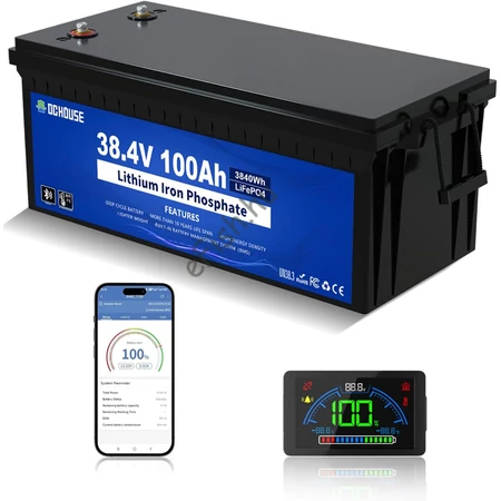 DCHOUSE 36V 100Ah LiFePO4 akkumulátor, LCD monitorral, beépített intelligens 150A BMS, csúcsáram 500A