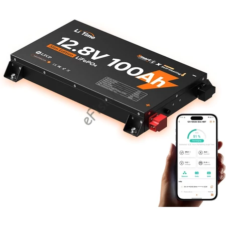 LiTime 12V 100Ah Ultra Slim LiFePO4 Okos Akkumulátor (Bluetooth &amp; Önmelegítés) - 6,2 cm vastag