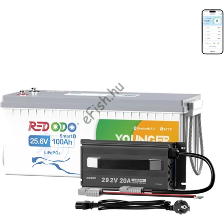 RedOdo 24V 100Ah LiFePO4 Bluetooth akkumulátor + 29.2V 20A töltővel