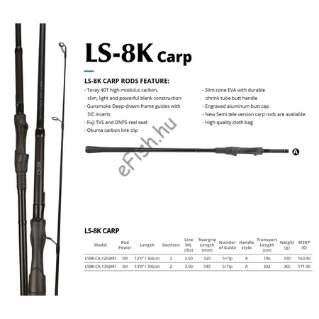 Canna Da Carpa 8K CARP – 12 Piedi (360 Cm), 3.5 Lbs, Potenza Media, Per Pesca In Acqua Dolce